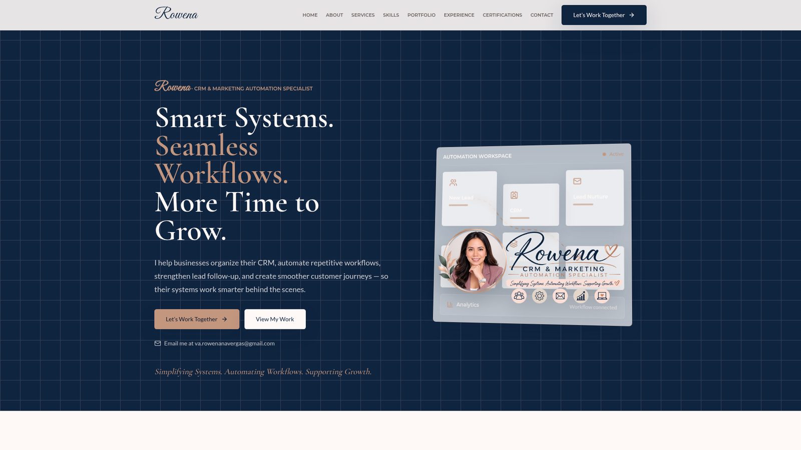 Rowena's personal brand website homepage